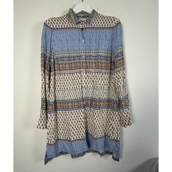 J. Jill Womens Mixed Print Button Down Tunic Shirt Top Medium Boho  Blue/Brown - Picture 1 of 8